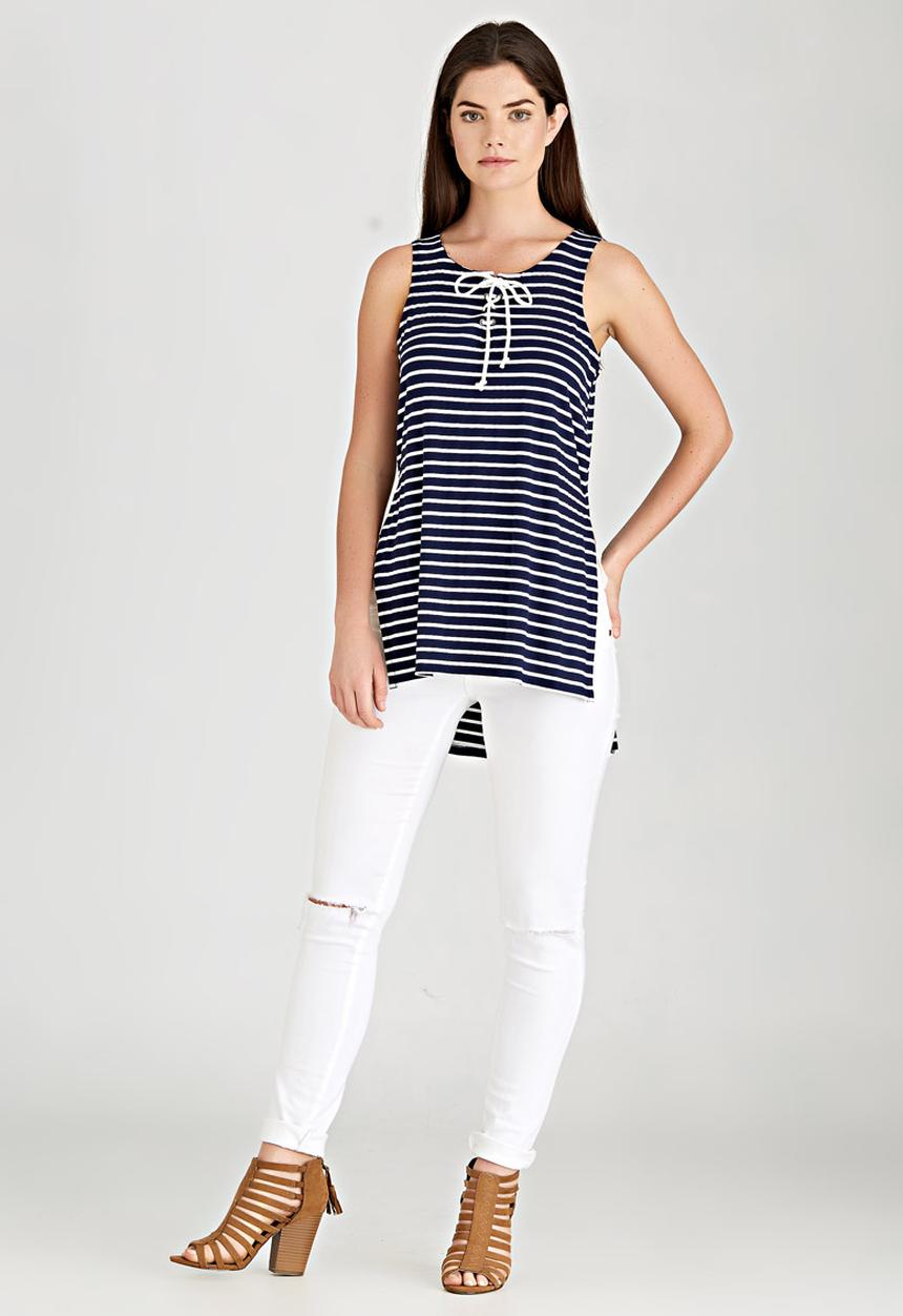 Brave Soul - Longline Striped Tank Blue and White