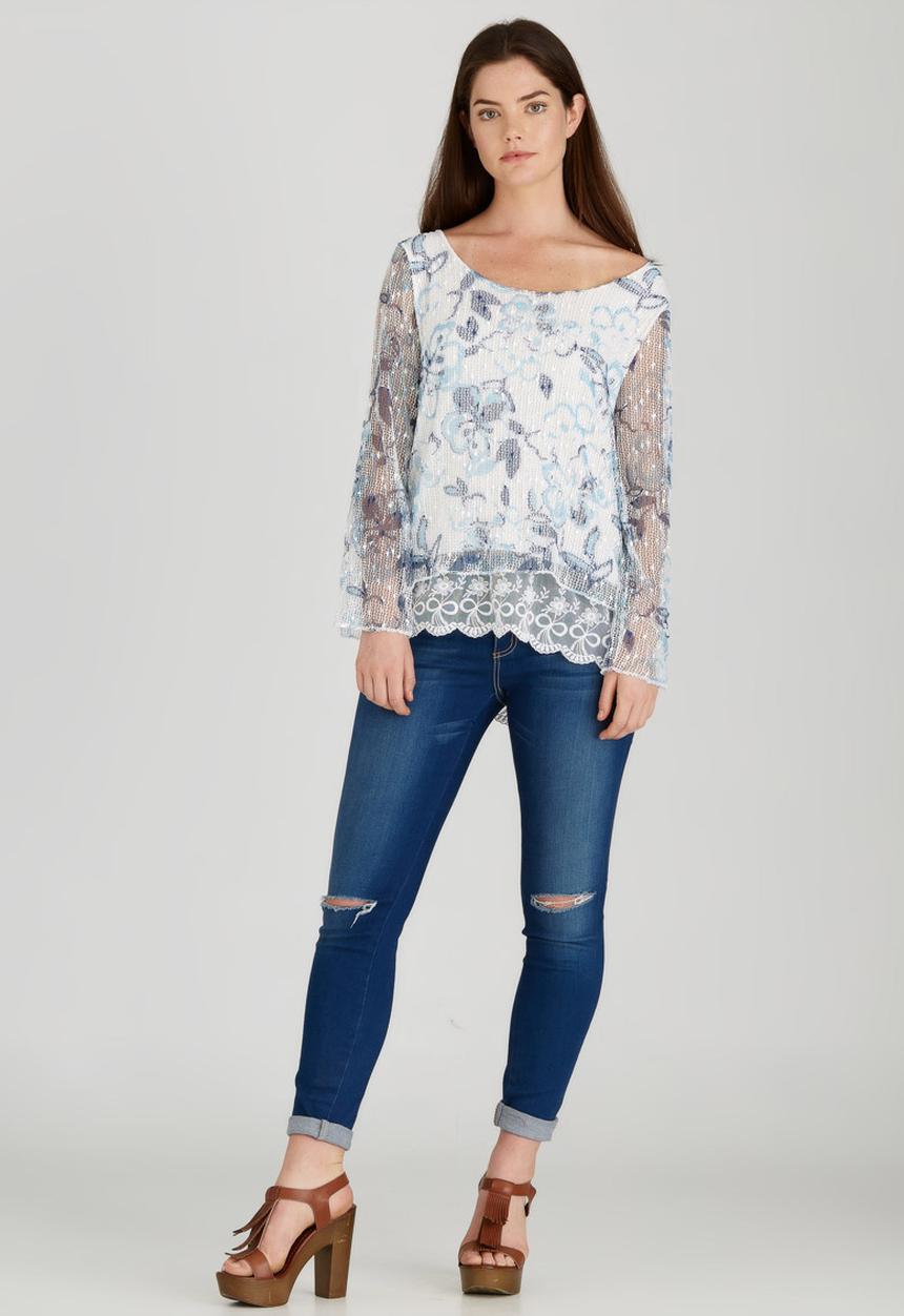 Revenge - Lace Trim Floral Top Blue and White