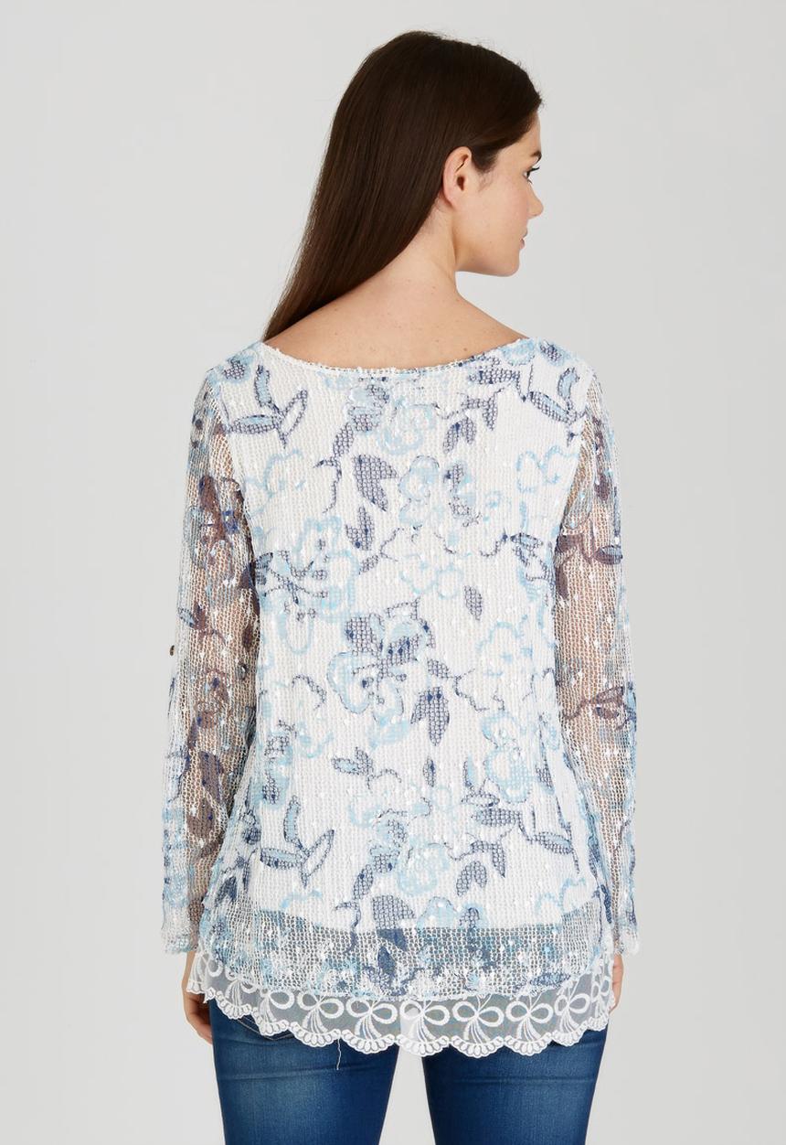 Revenge - Lace Trim Floral Top Blue and White