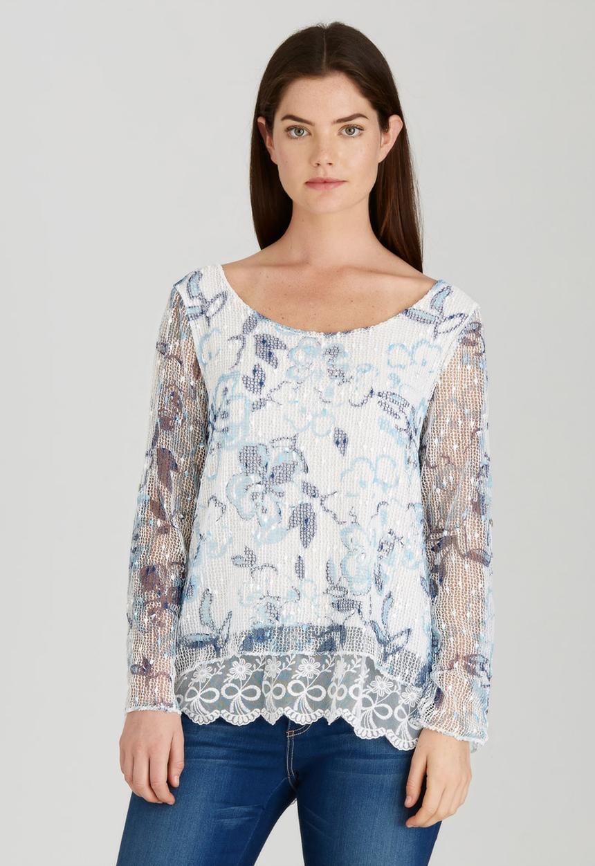 Revenge - Lace Trim Floral Top Blue and White