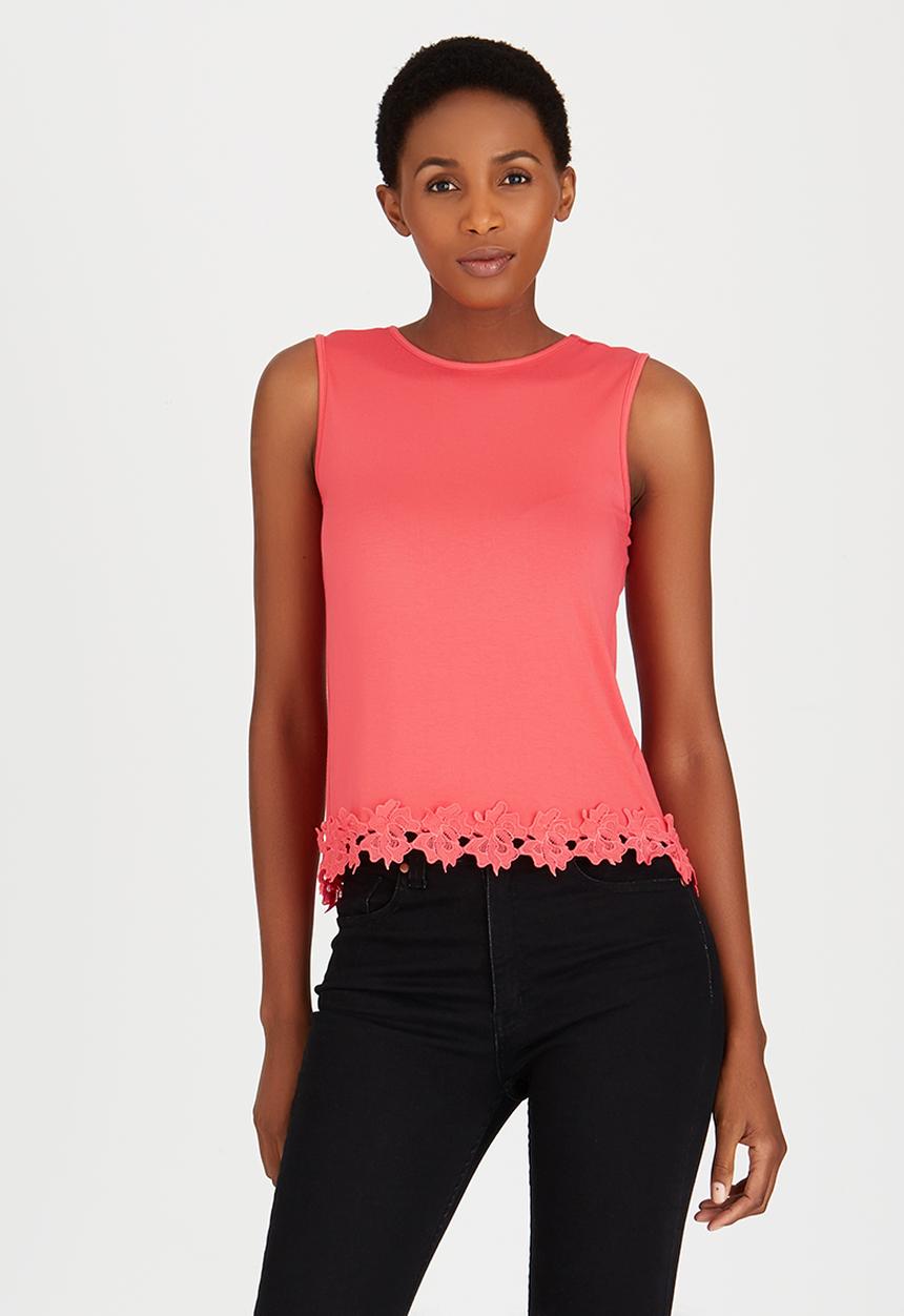 edit - Cami with Back Pleat and Border Lace Coral
