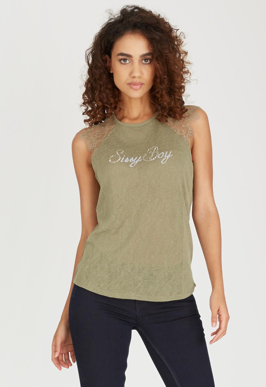 SISSY BOY - Gianna Tee with Eyelash Lace Khaki Green
