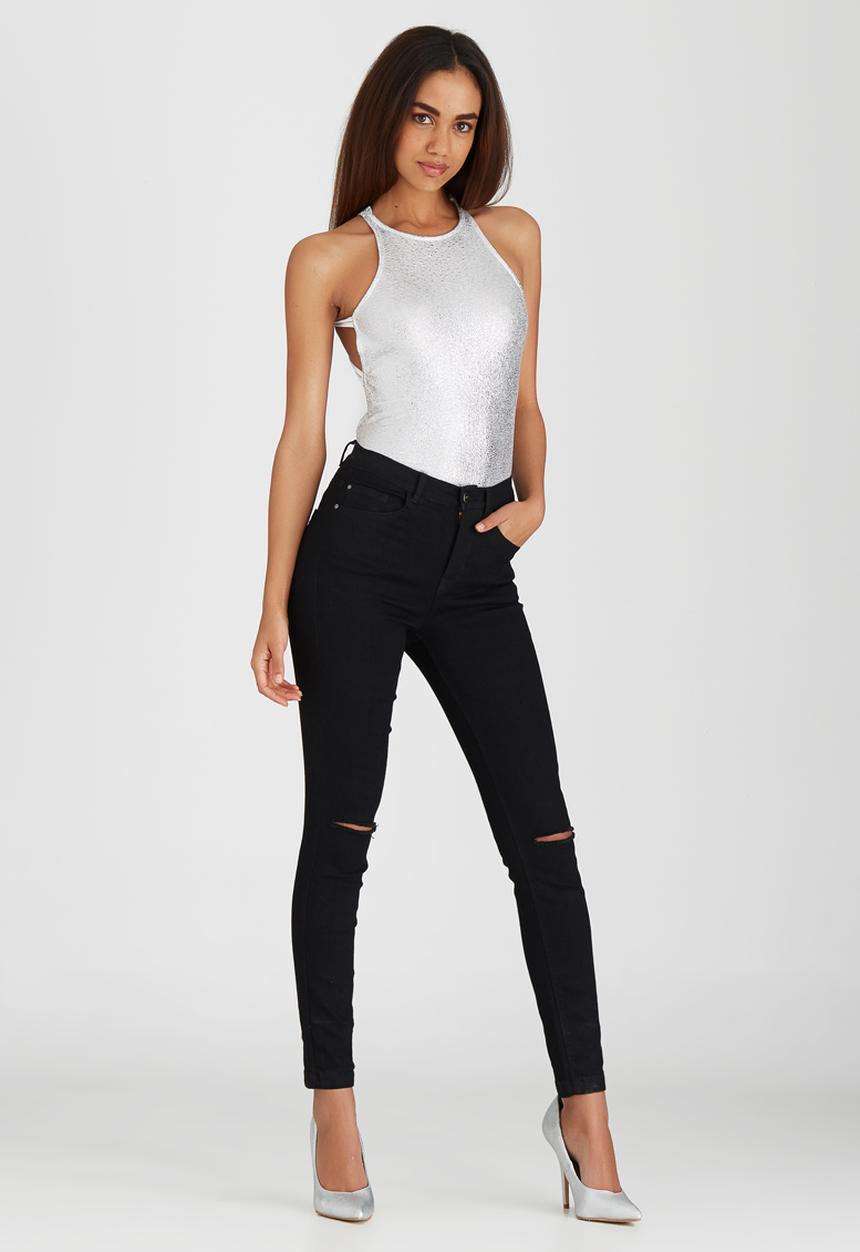 SISSY BOY - Bodysuit with Back Straps Silver