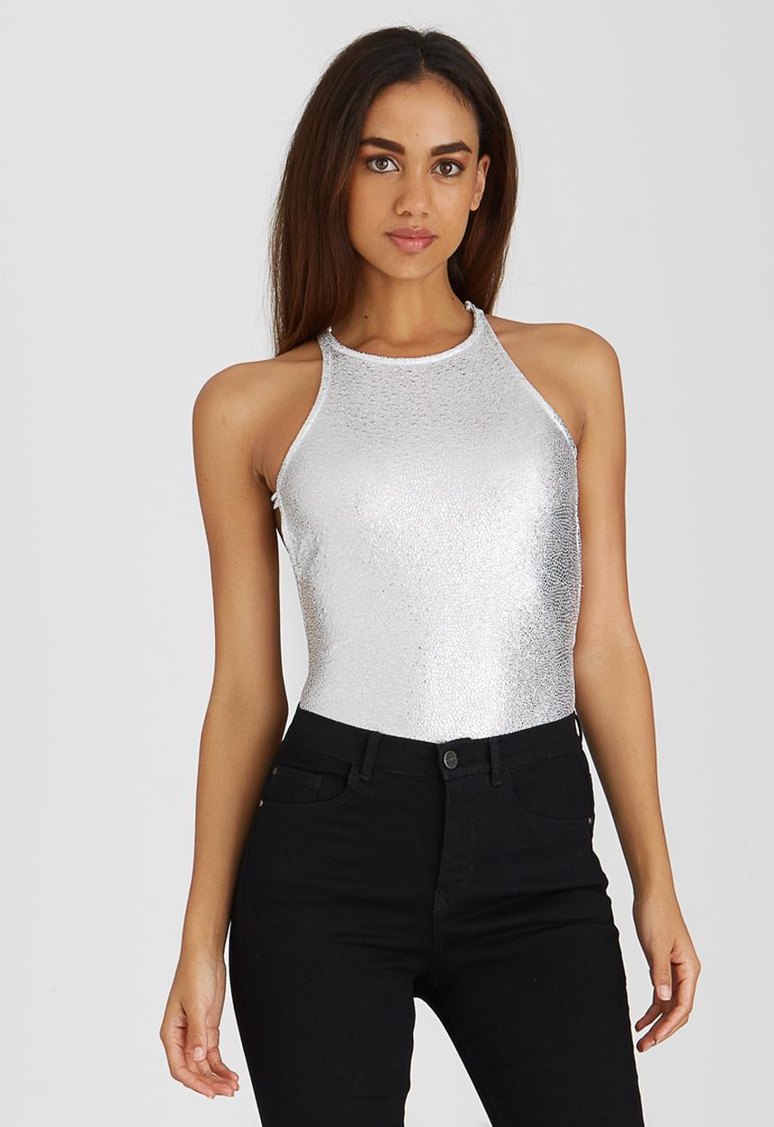 SISSY BOY - Bodysuit with Back Straps Silver