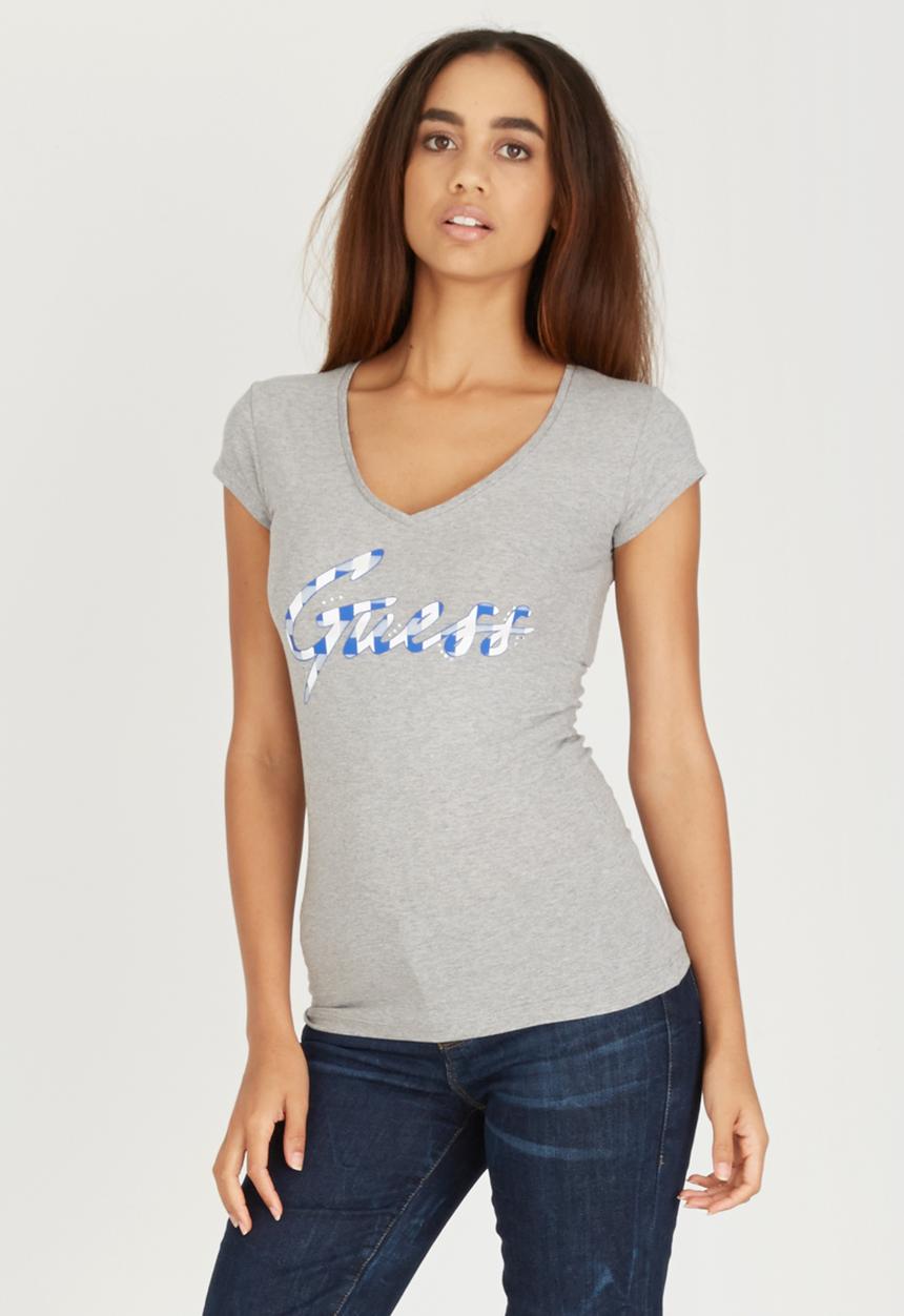 GUESS - V-neck Gingham Bling Tee Pale Grey