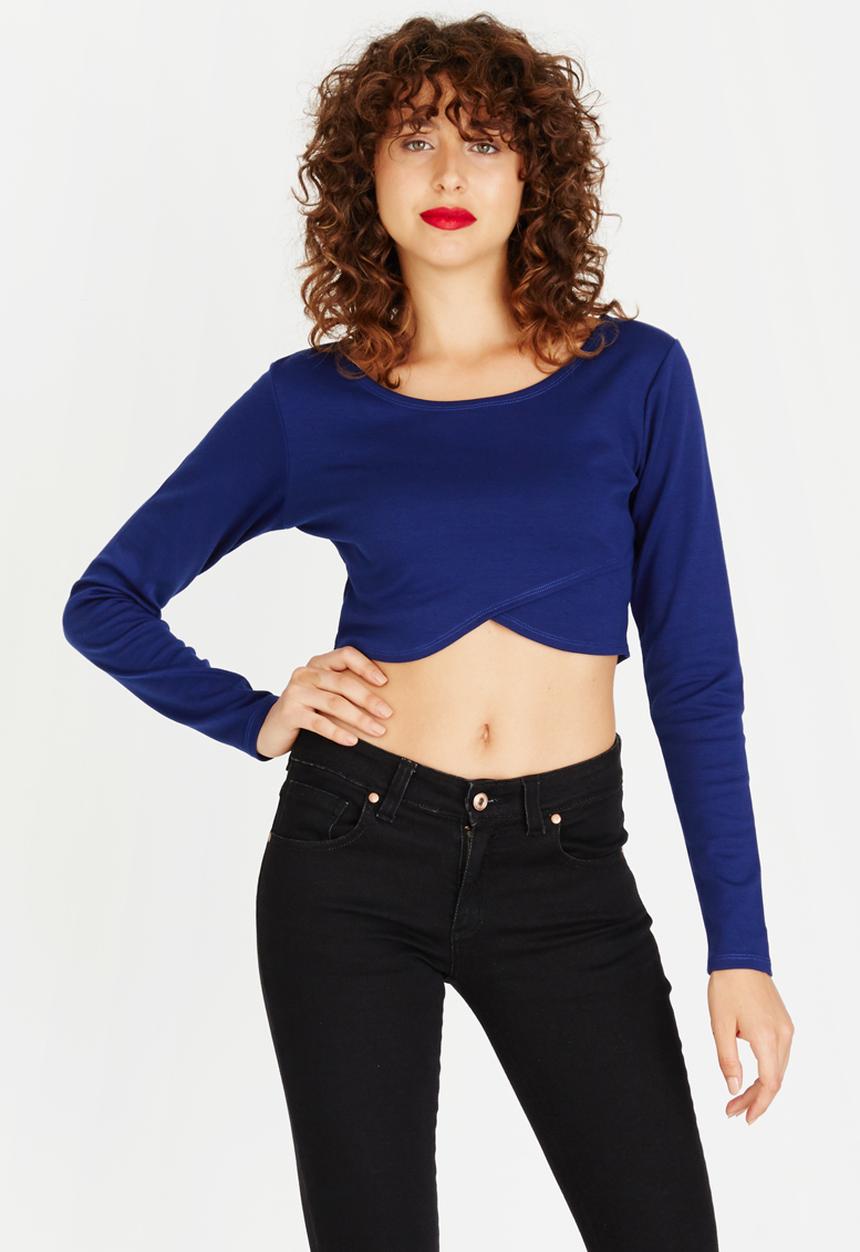 Brave Soul - Long Sleeve Wrap Detail Crop Top Navy