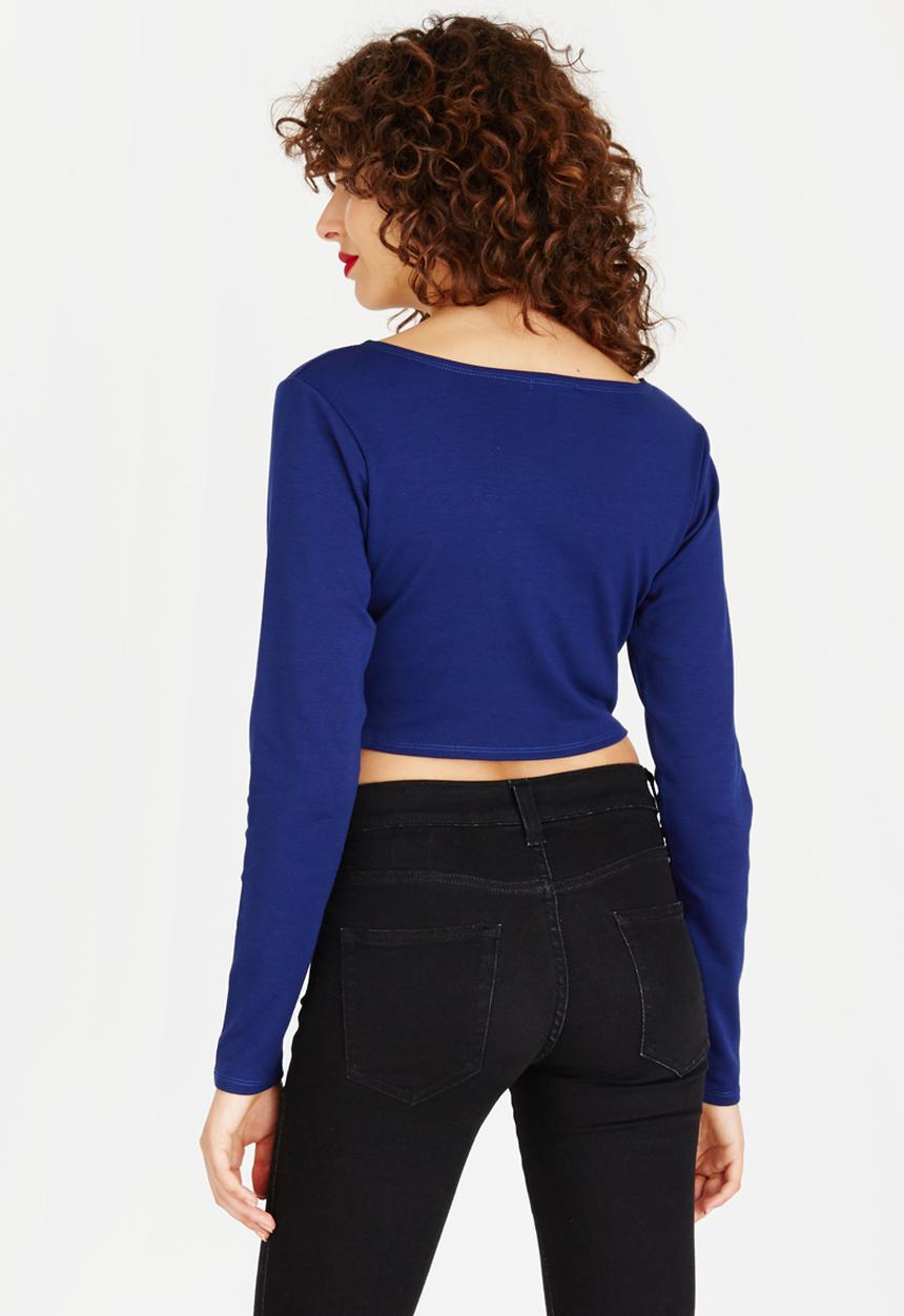 Brave Soul - Long Sleeve Wrap Detail Crop Top Navy