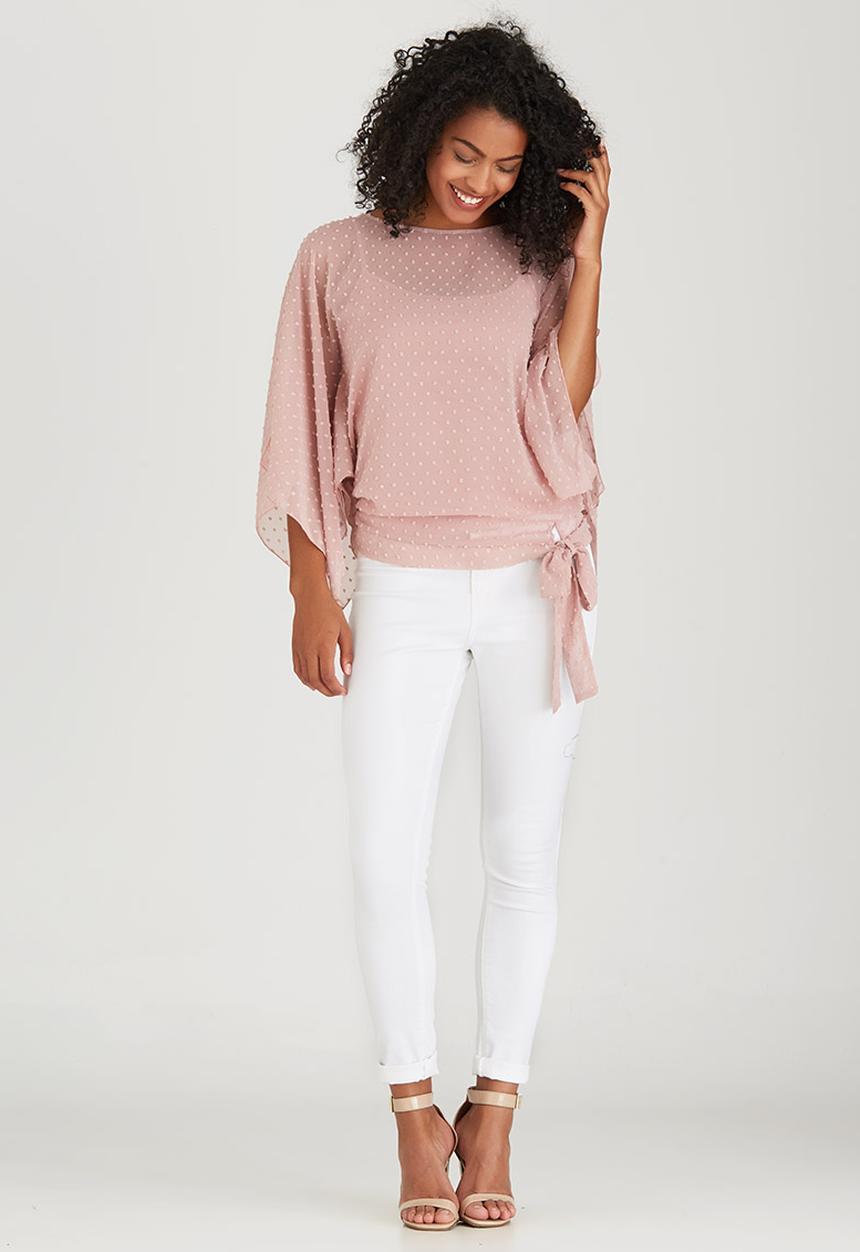 edit - Slit Sleeve Blouse with Front Ties Pale Pink