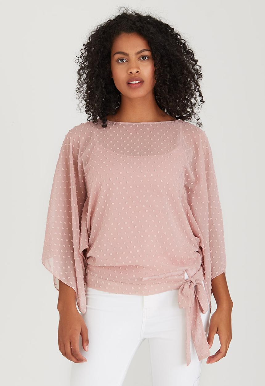 edit - Slit Sleeve Blouse with Front Ties Pale Pink