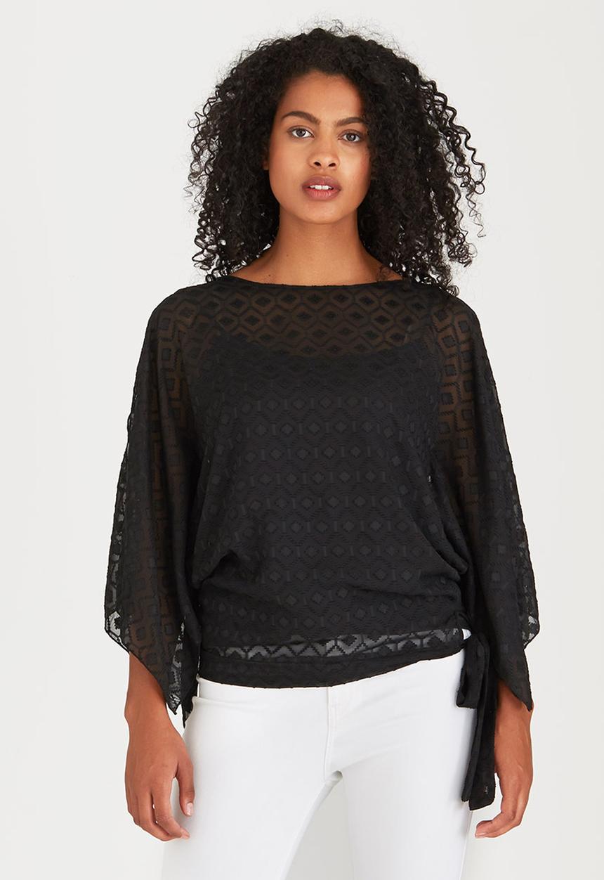 edit - Slit Sleeve Blouse with Front Ties Black