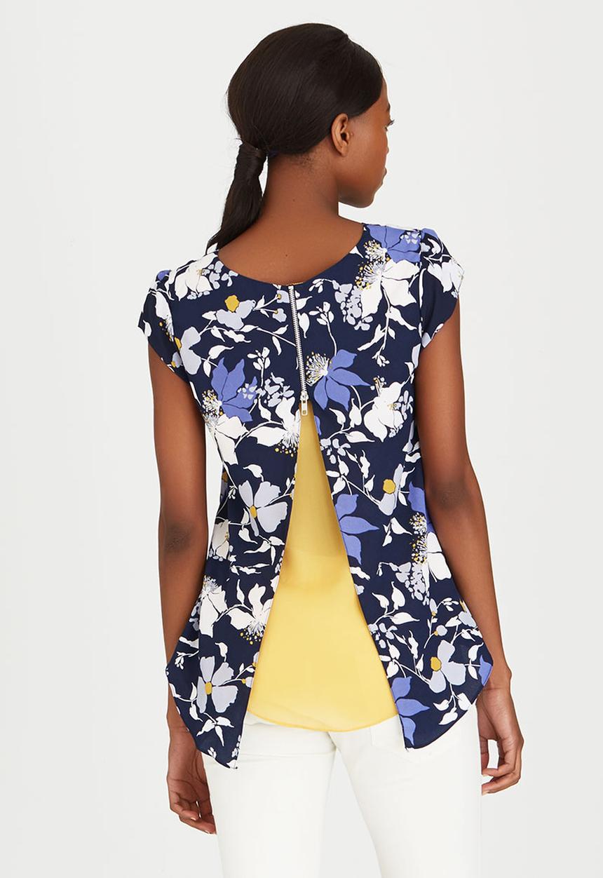 edit - Double Layer T-shirt Blouse with Back Zip Blue
