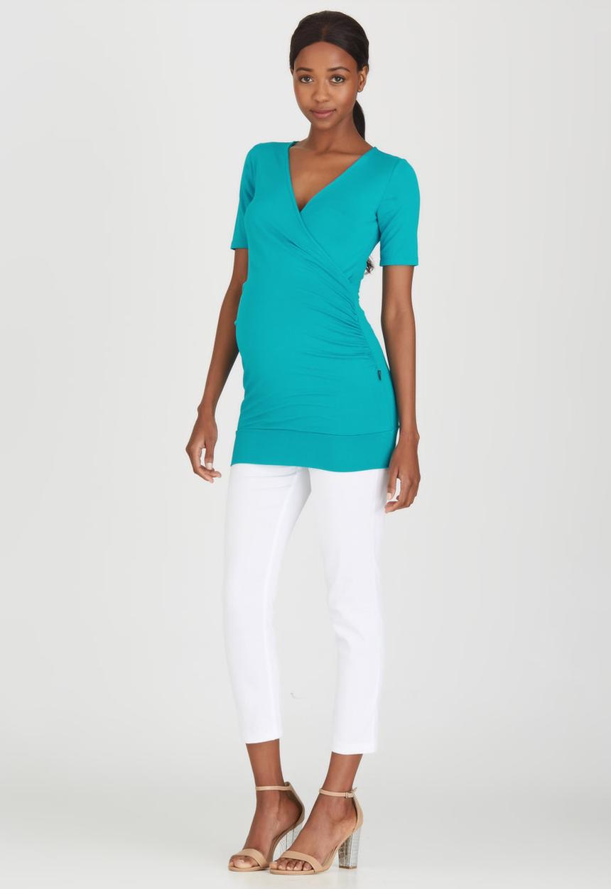 Cherry Melon - Short Sleeve Wrap Front Top Mid Blue