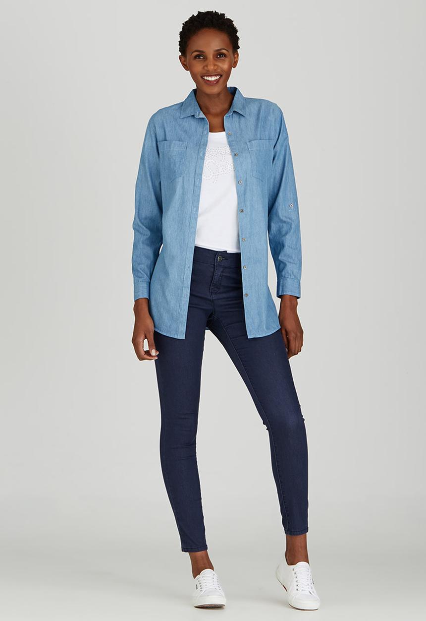 JEEP - Roll-up Sleeve Denim Shirt Mid Blue