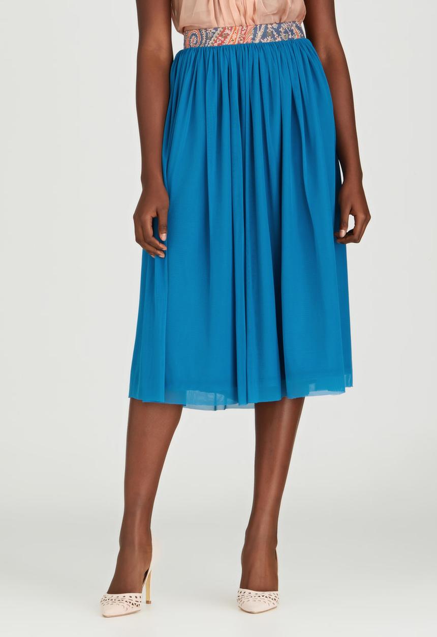 Sober - Mesh Midi Popskirt with Printed Band Mid Blue