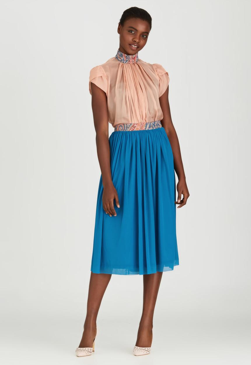 Sober - Mesh Midi Popskirt with Printed Band Mid Blue