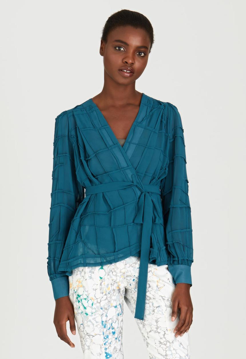 Judith Atelier - Pleated Manipulated Chiffon Wrap Blouse Mid Green