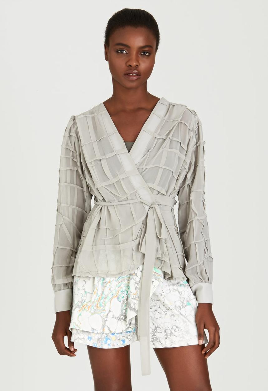 Judith Atelier - Pleated Manipulated Chiffon Wrap Blouse Grey