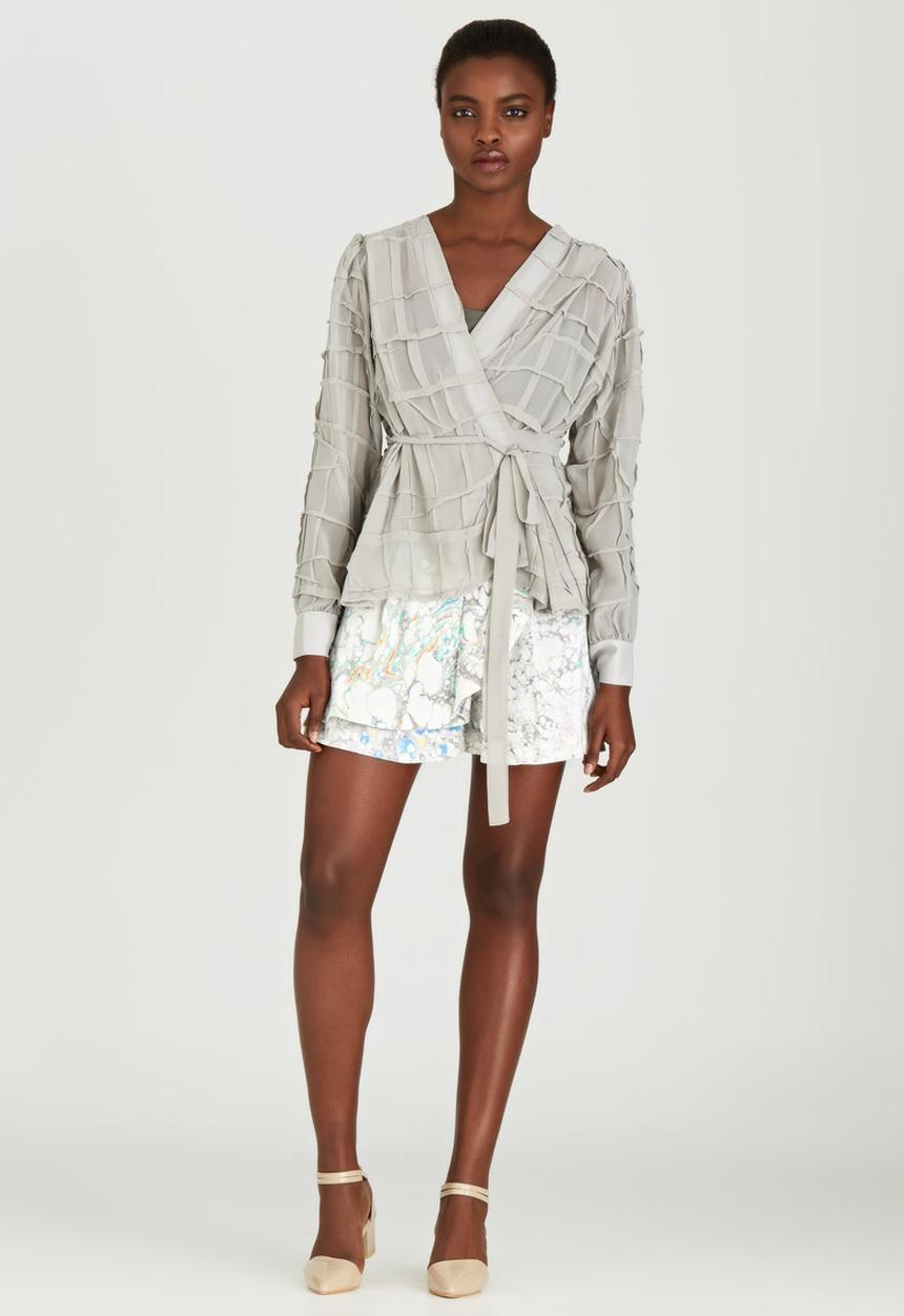 Judith Atelier - Pleated Manipulated Chiffon Wrap Blouse Grey