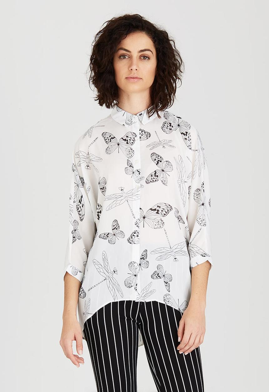 Revenge - Dragonfly & Butterfly Print Shirt White