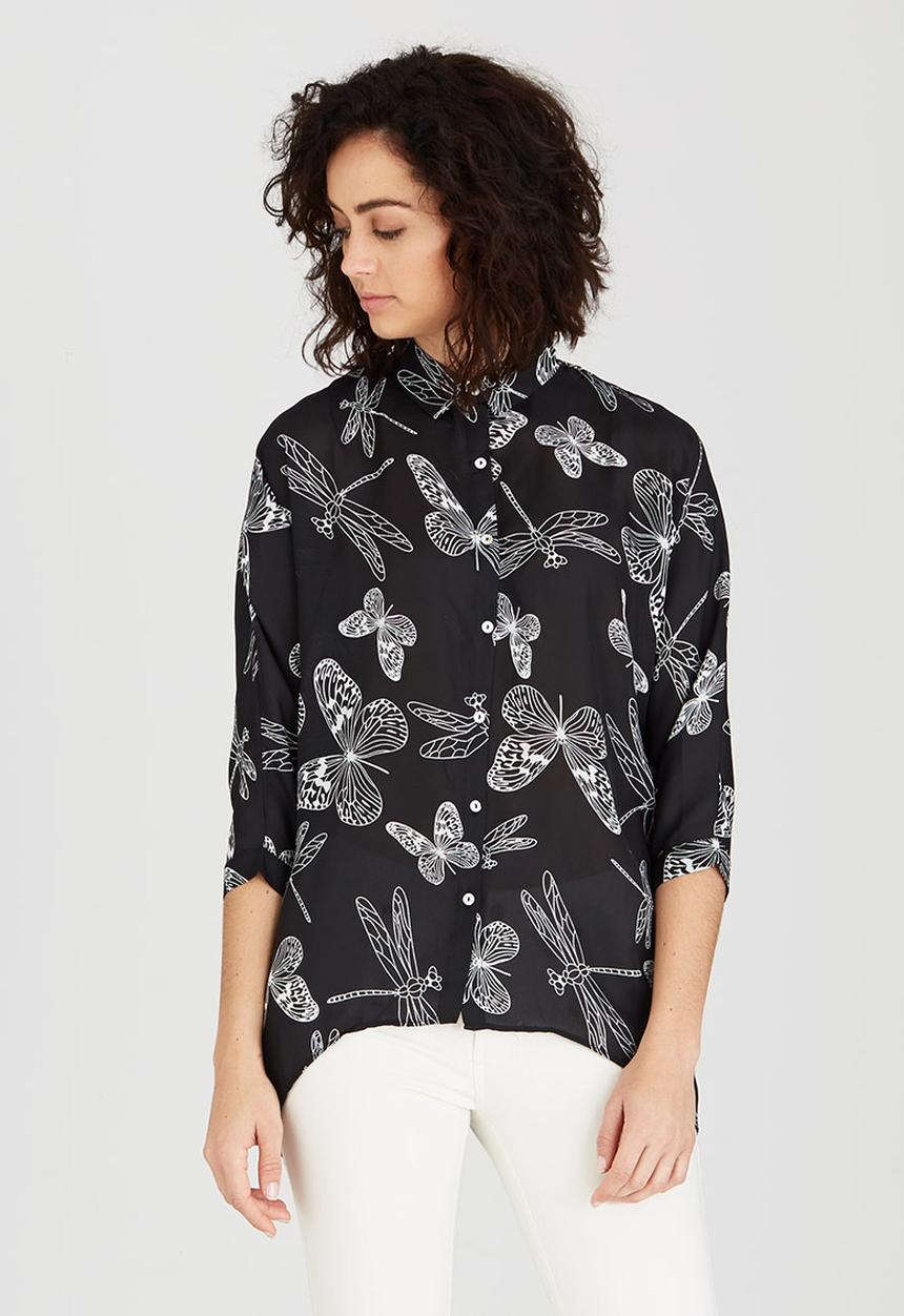 Revenge - Dragonfly & Butterfly Print Shirt Black and White