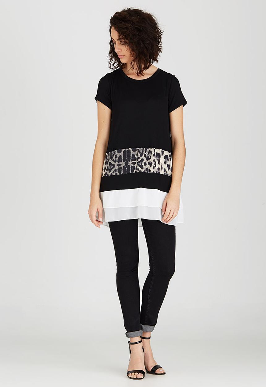 Revenge - Contrast Spliced Longer Length Tunic Top Black