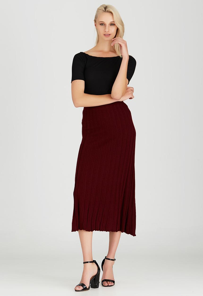 STYLE REPUBLIC - Midi Pleated Knitwear Skirt Dark Red
