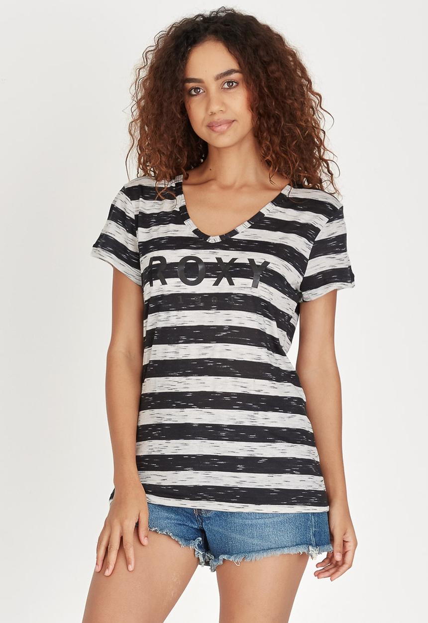 Roxy - Striped V-neck Tee Black and White