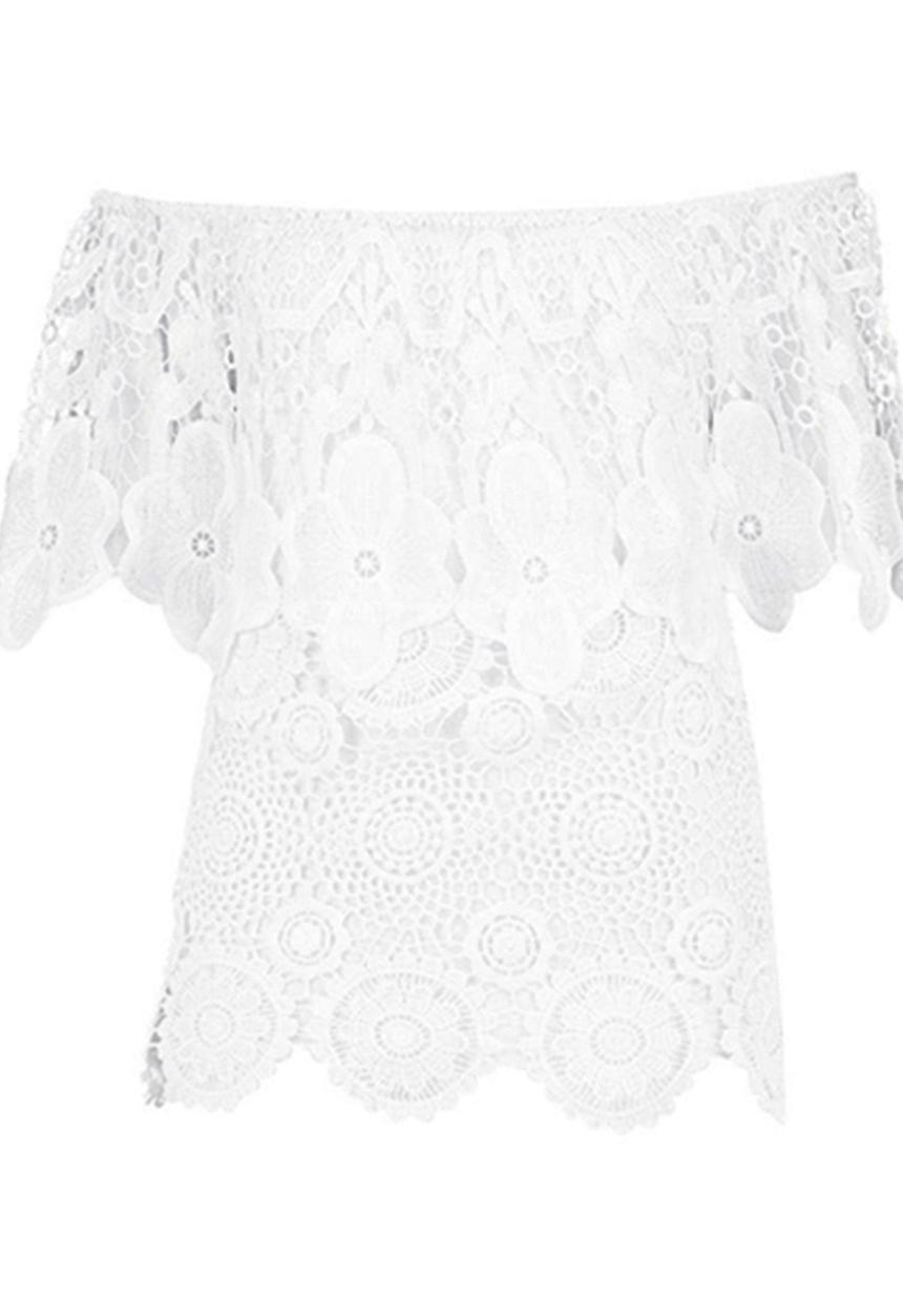 BoohooDNU - Off The Shoulder Crochet Floral Top Cream