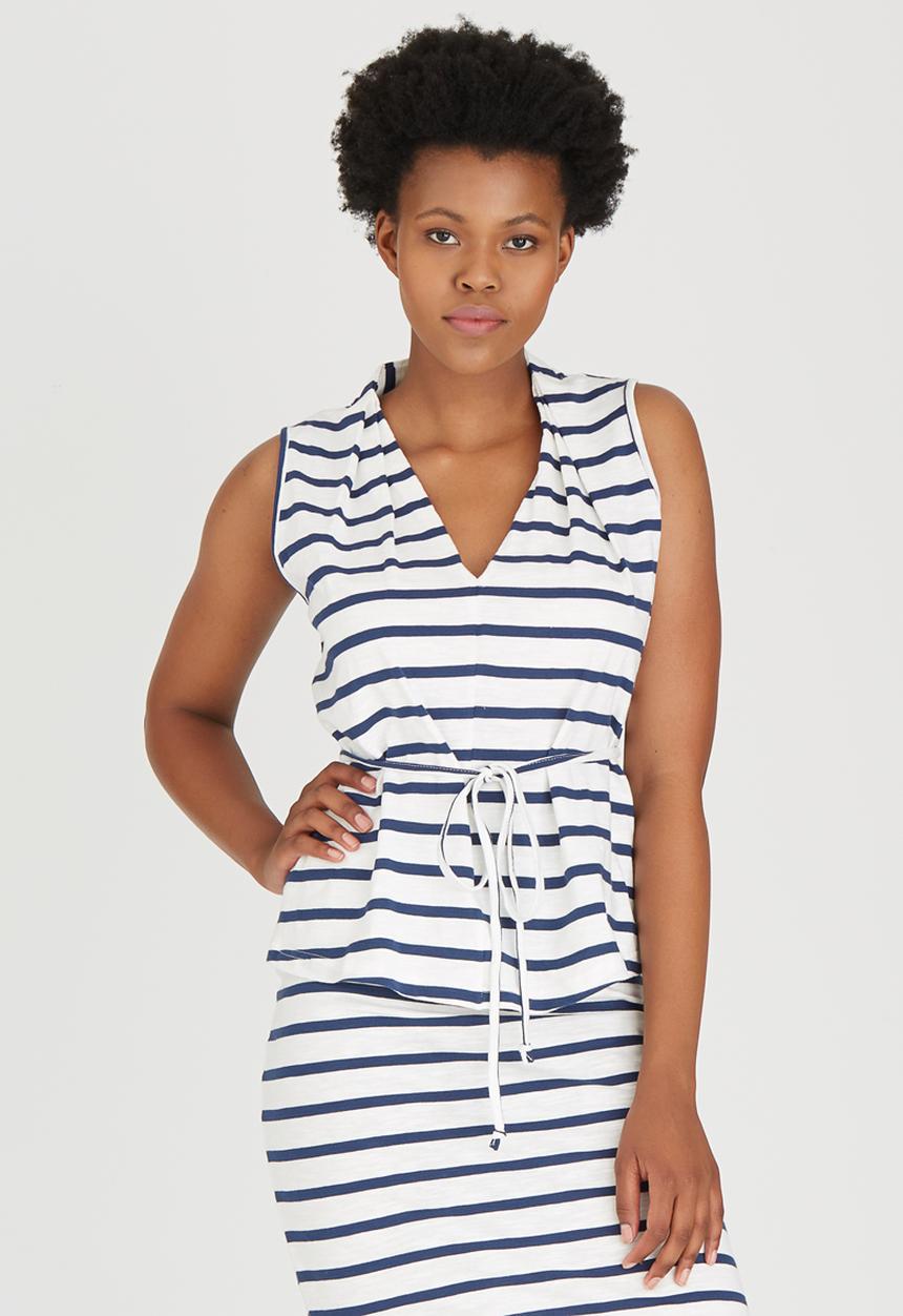 Jenja - Striped Slub Knit Top with Ties Blue and White