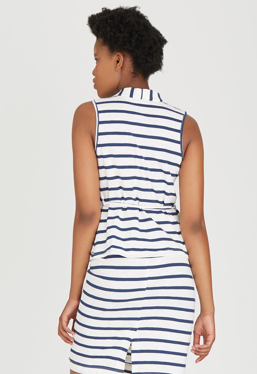 Jenja - Striped Slub Knit Top with Ties Blue and White