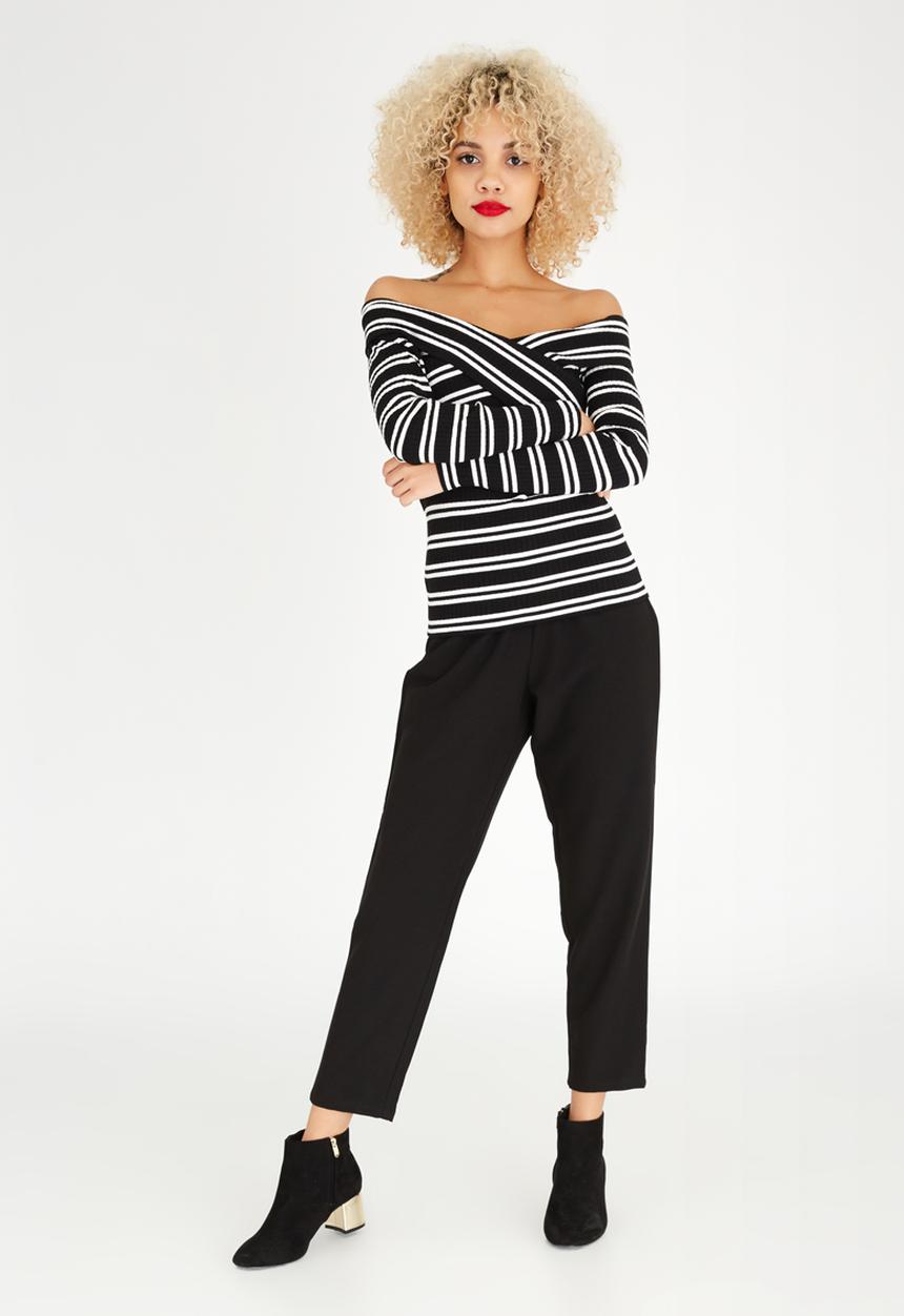 Pieces - Alex Striped Long Sleeve Top Black and White