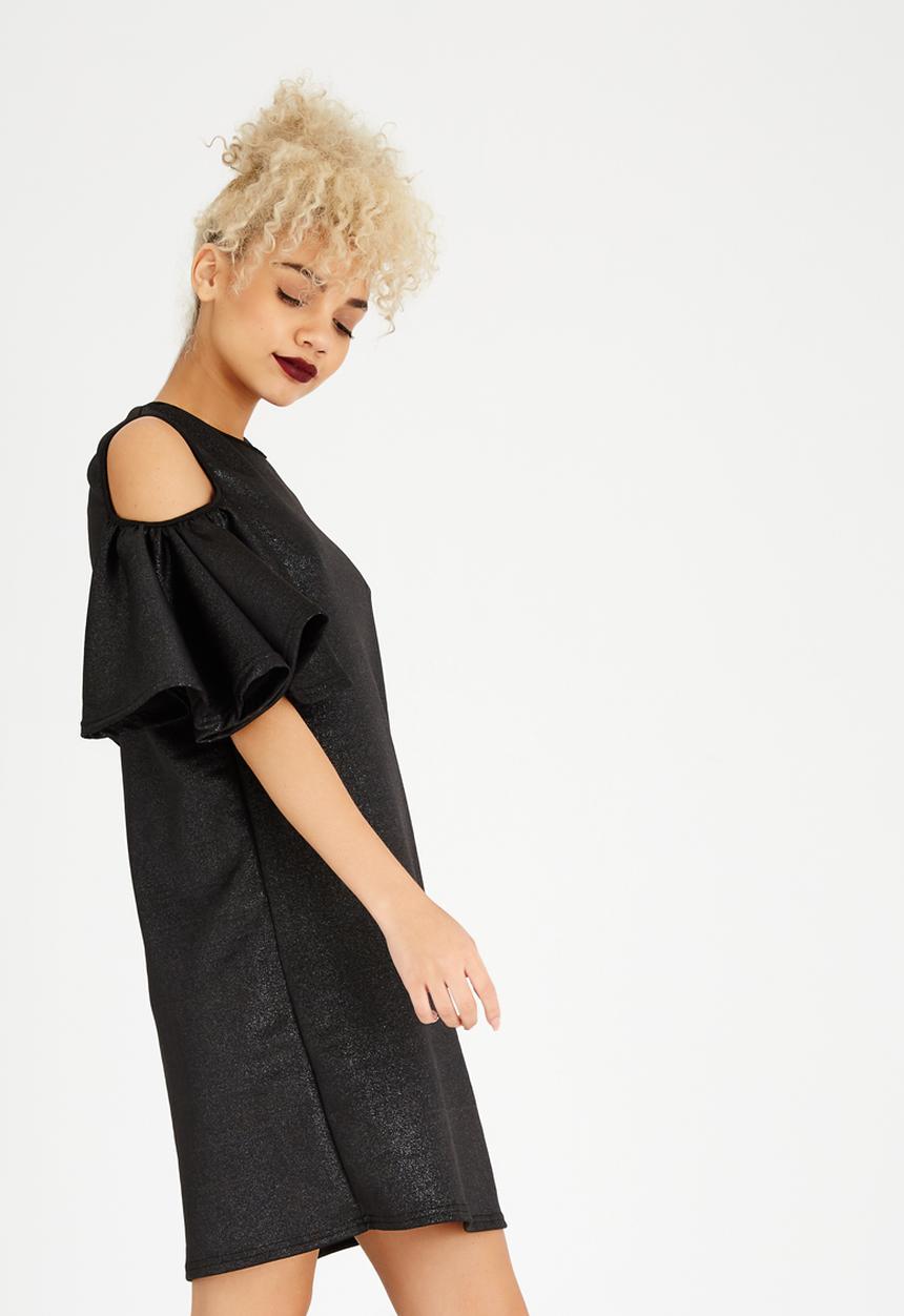 STYLE REPUBLIC - Volume Sleeve Cold Shoulder Dress Black