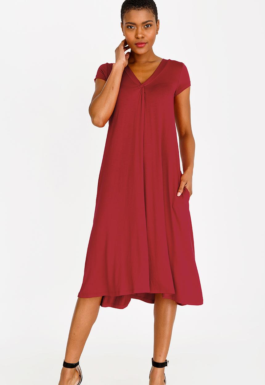 edit - V-neck knot front detail dress - red