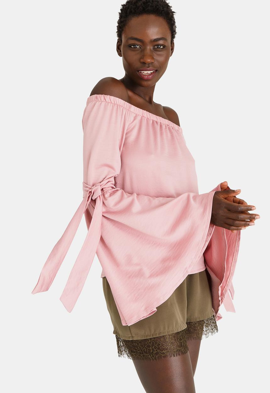 STYLE REPUBLIC - Bell Sleeve Bardot Blouse Pale Pink