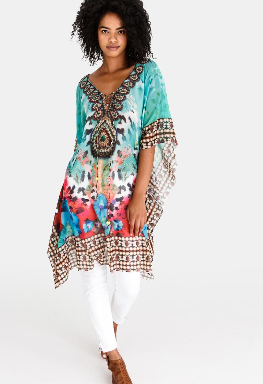 cath.nic - Printed Jewelled Kaftan Top Green