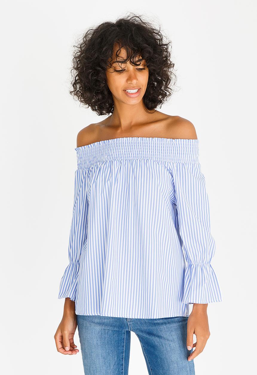 c(inch) - Striped Bardot Blouse Blue and White