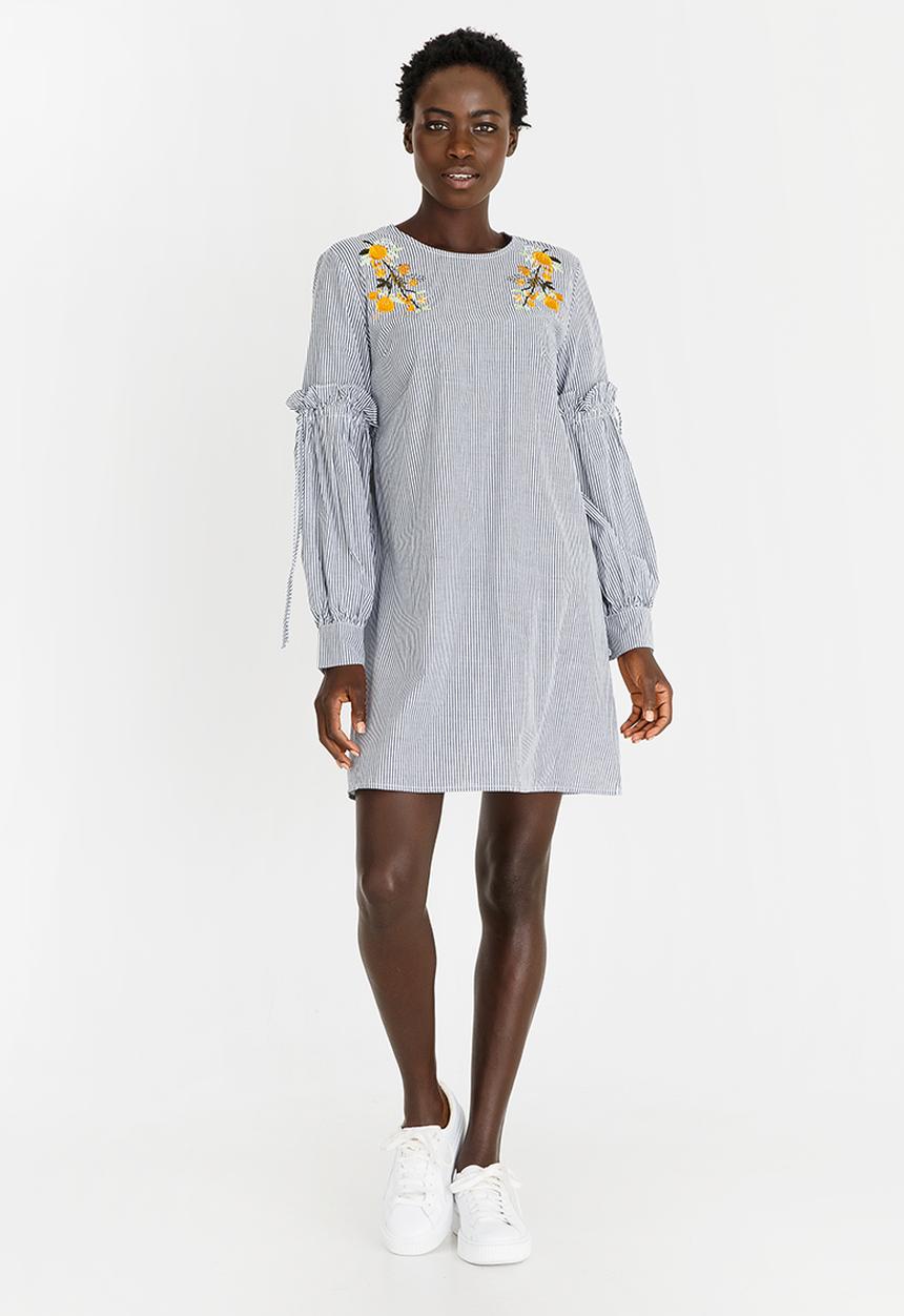STYLE REPUBLIC - Striped Sleeve Detail Dress with Embroidery Blue and White