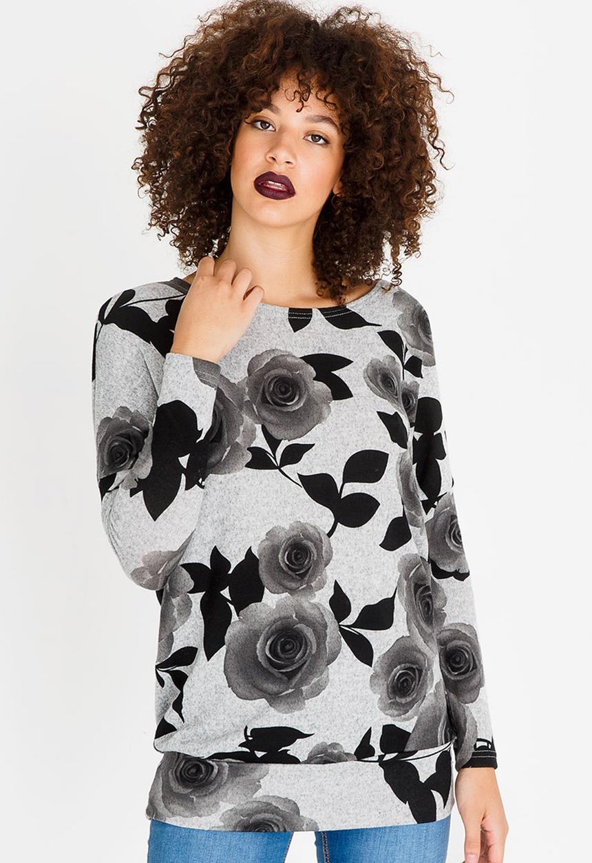 Revenge - Floral Long Sleeve Top Grey