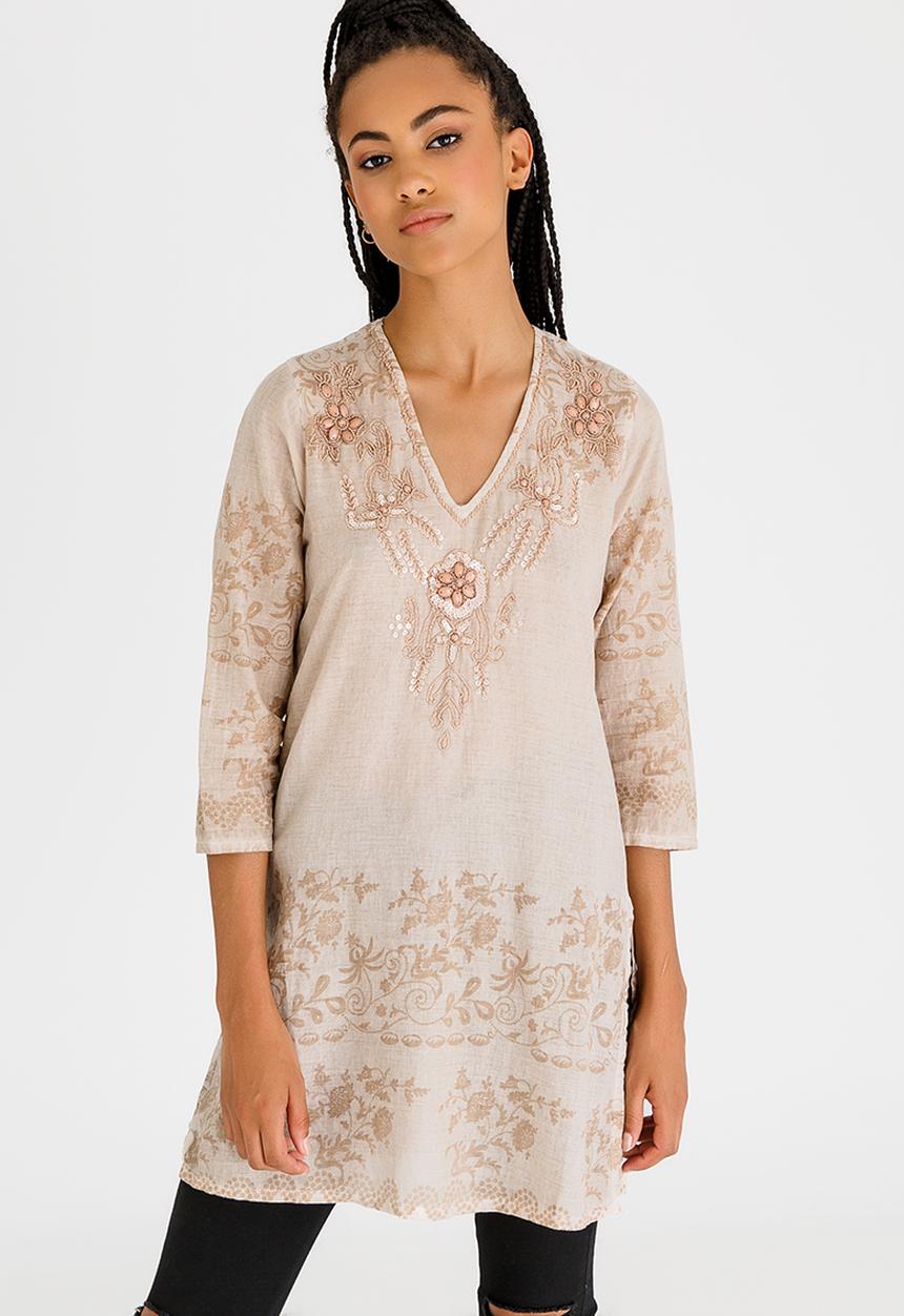 G Couture - Printed and Beaded V-neck Tunic Stone