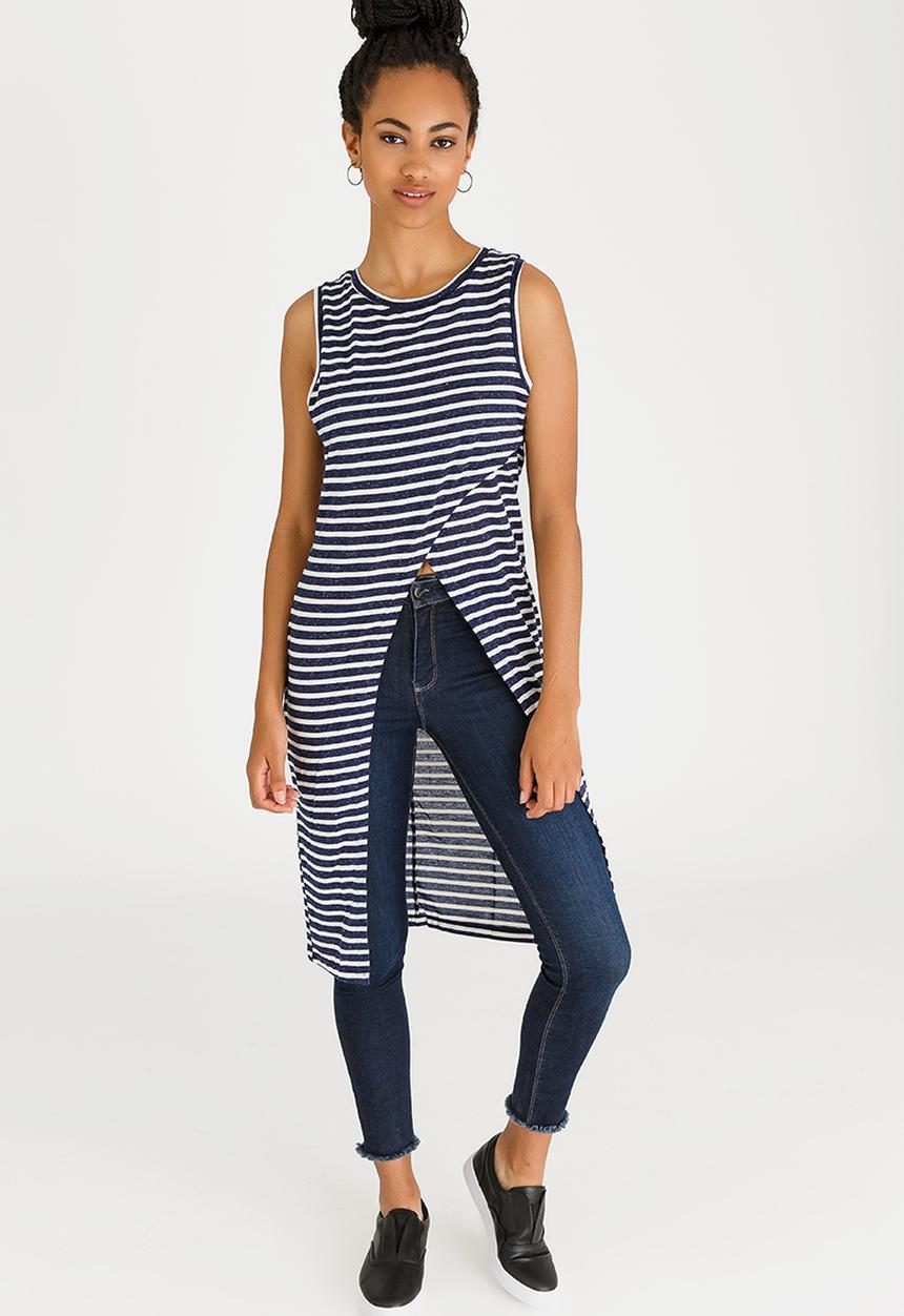 Brave Soul - Stripe Longline Vest Navy & White