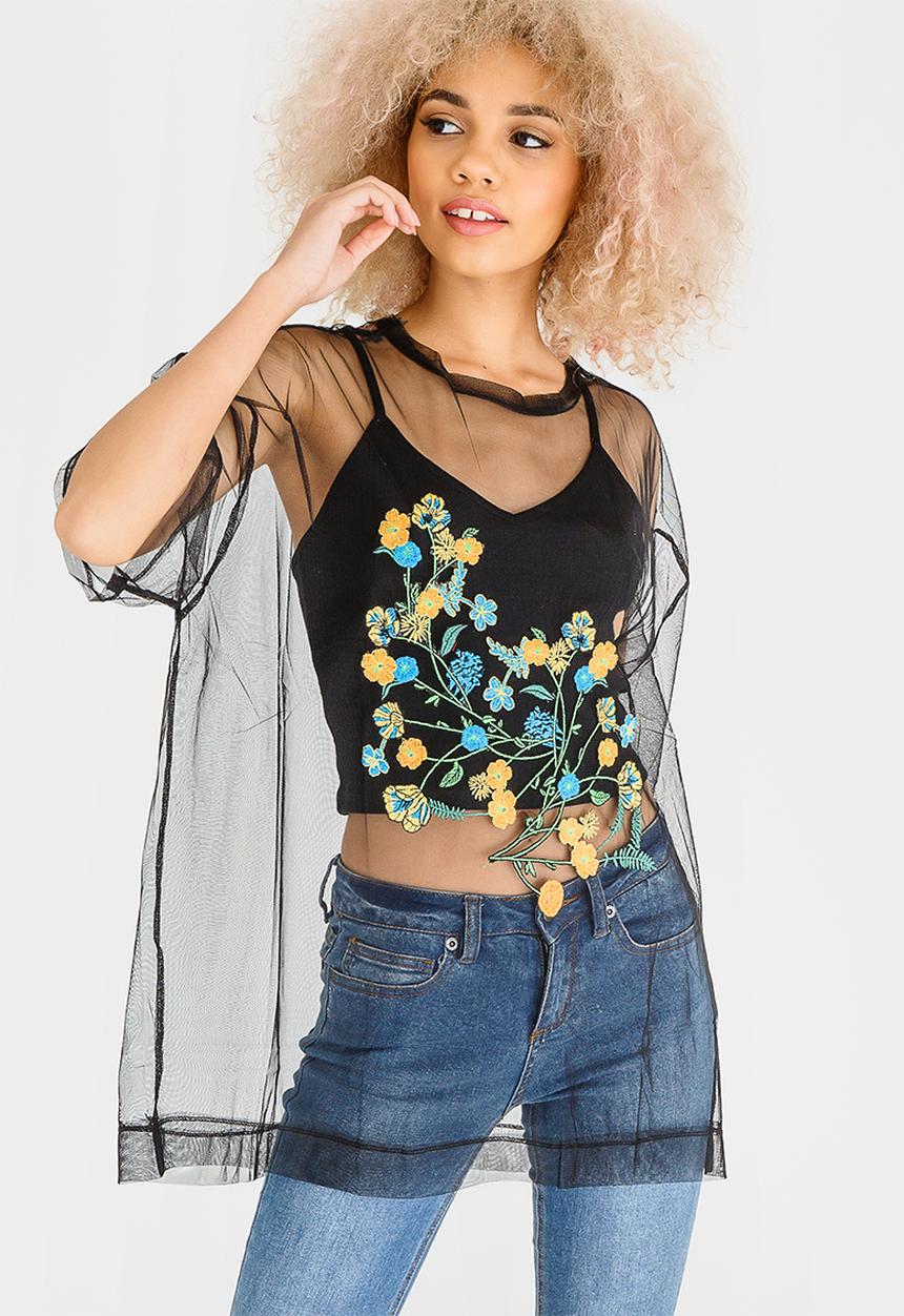 STYLE REPUBLIC - Mesh Embroidered Top Black