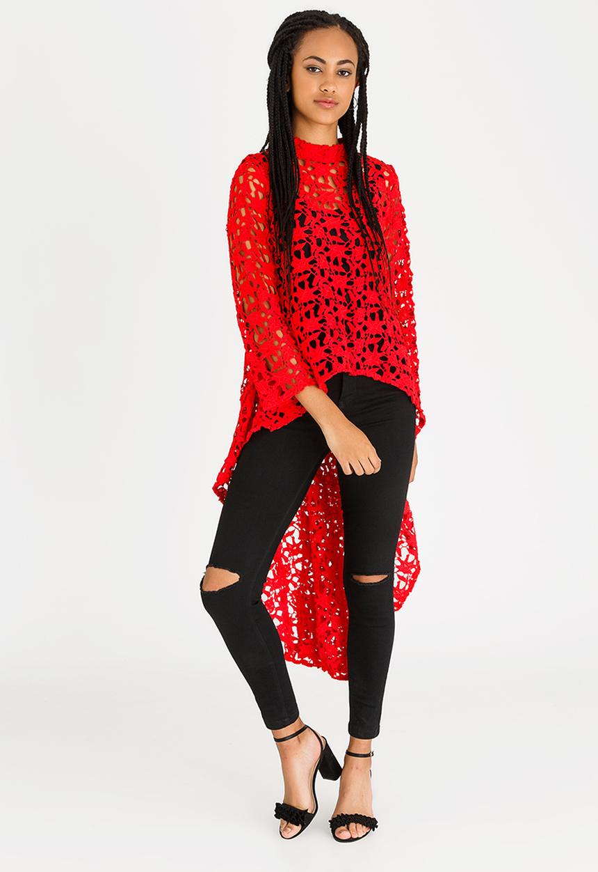 Revenge - Lace Top with Dip Hem Red