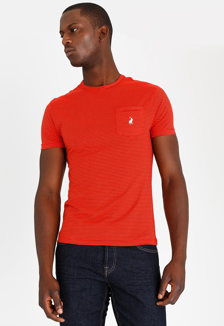 POLO - Fine Stripe Crew Neck T- Shirt Red