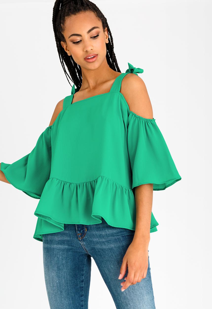 edit - Tiered Cold Shoulder Blouse Green