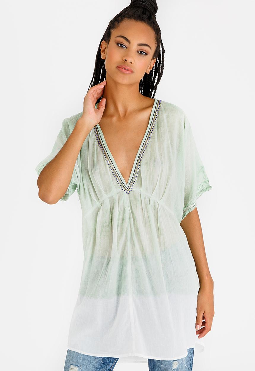 G Couture - Dip-dye Beaded Neckline Tunic Top Green