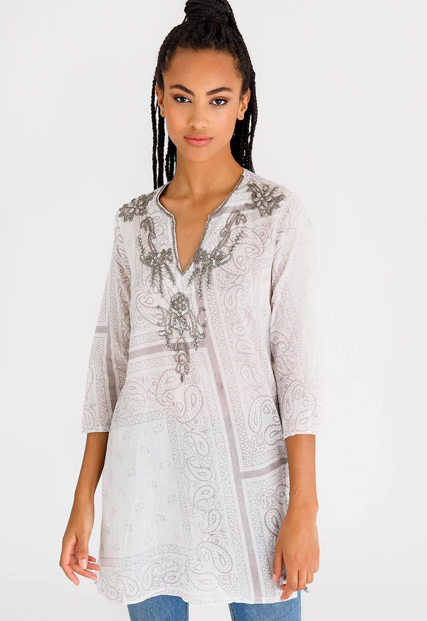 G Couture - Printed Beaded Neckline Tunic Multi-colour