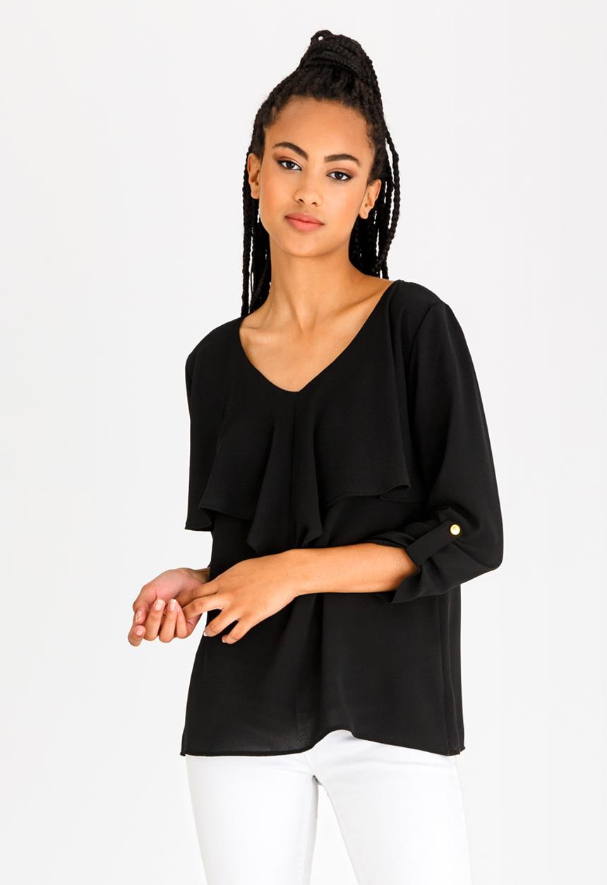 edit - 3/4 Sleeve Blouse with Frills Black