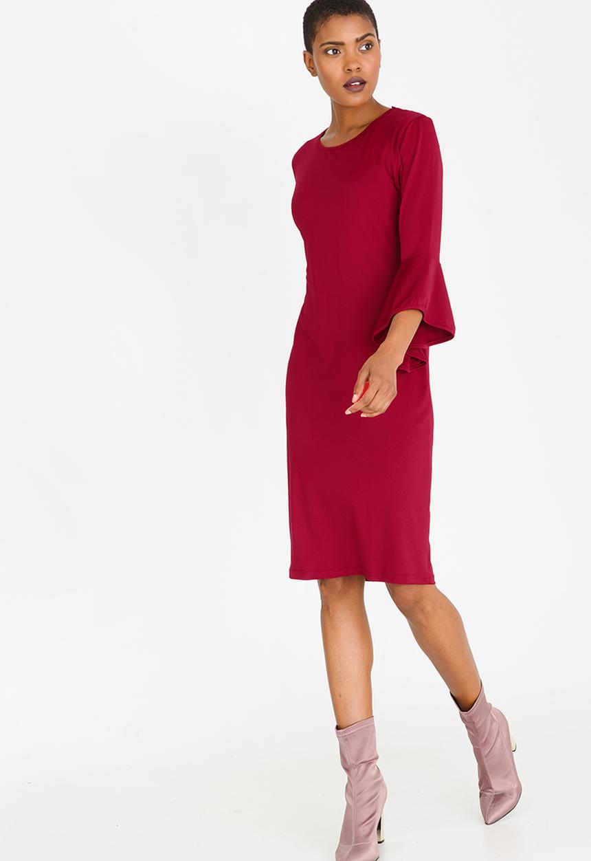 edit - Shift Dress with Frill Sleeves Dark Red