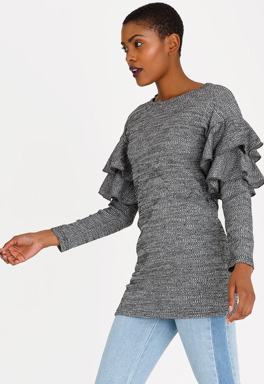 Revenge - Ruffle Sleeve Top Dark Grey