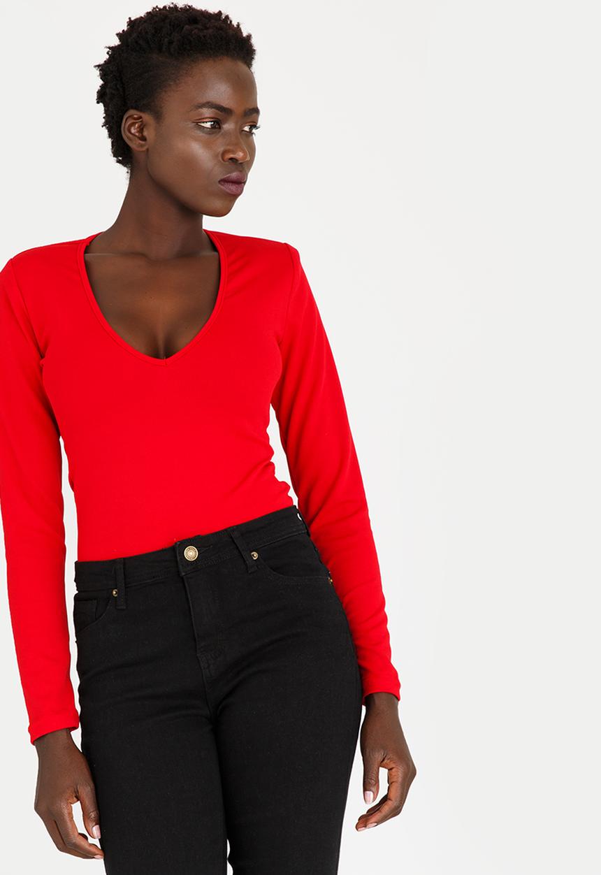 STYLE REPUBLIC - V-neck Bodysuit Dark Red